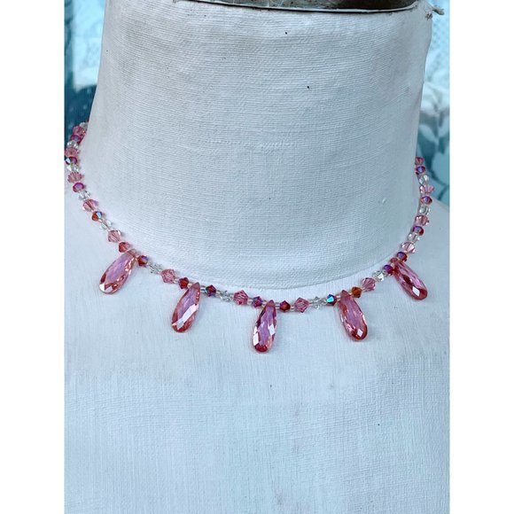 Sterling Silver Pink AB Glass Bead Necklace earrings Set - Picture 11 of 11